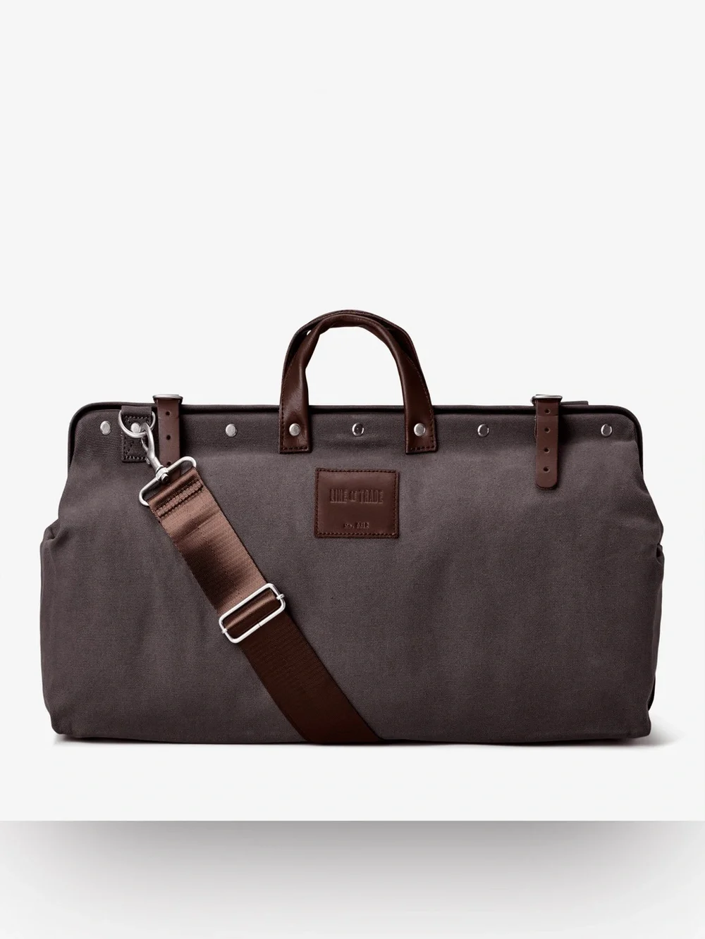 NWOT LINE OF TRADE Canvas Weekender Bag Grey and Brown Leather Large